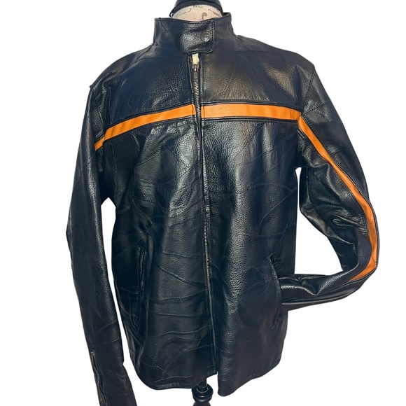 Diamond Plate Leather Motorcycle Jacket with Orange stripe - Picture 1 of 9